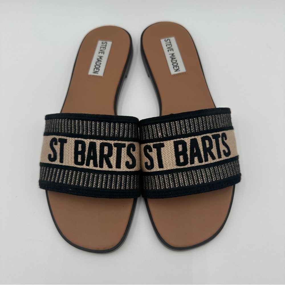 Steve‎ Madden Knox Womens Sandal Size 7.5 M Black Open Toe Slip On St Barts - Picture 2 of 8